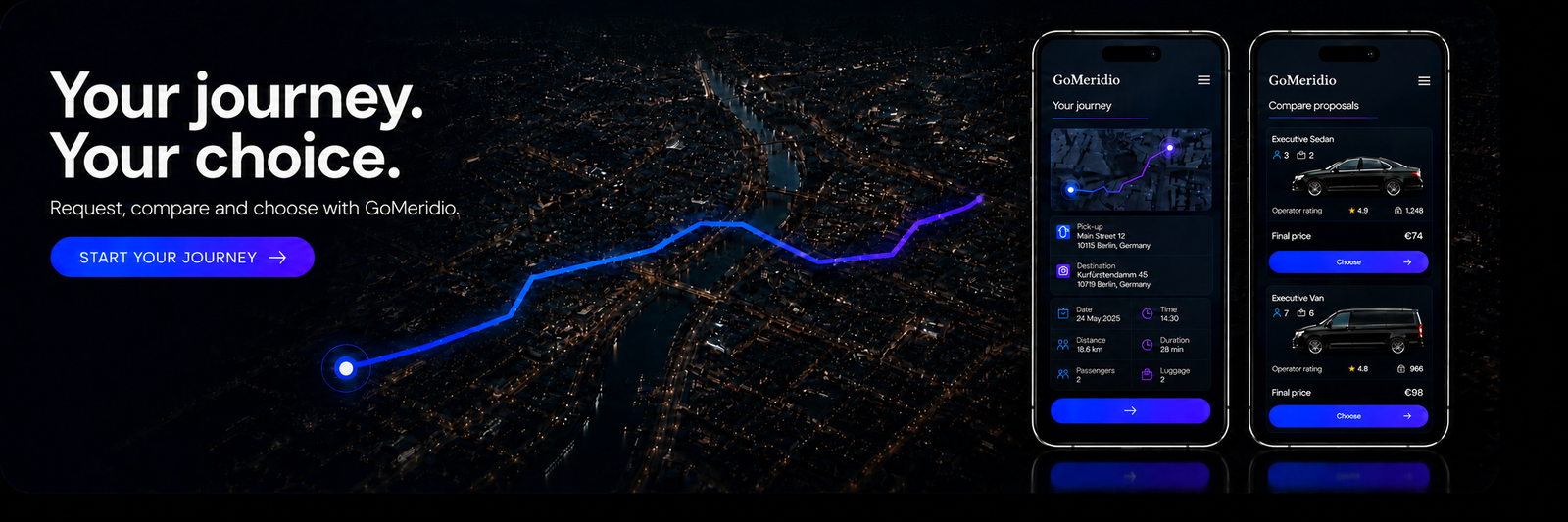 GoMeridio platform: request a journey, compare professional chauffeur proposals and choose