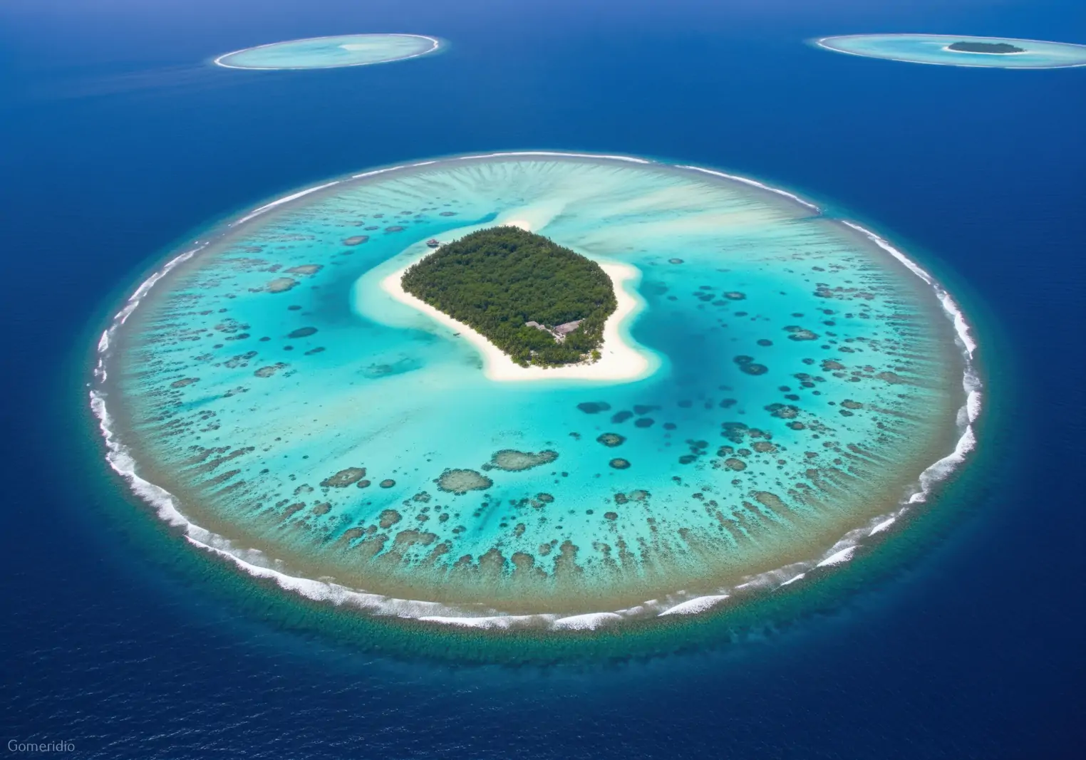 Aerial view of a Maldivian island with greenery and a turquoise lagoon