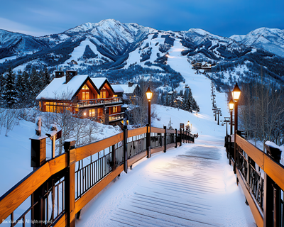 Snow-covered footbridge with lanterns, a warmly lit chalet and ski slopes beyond