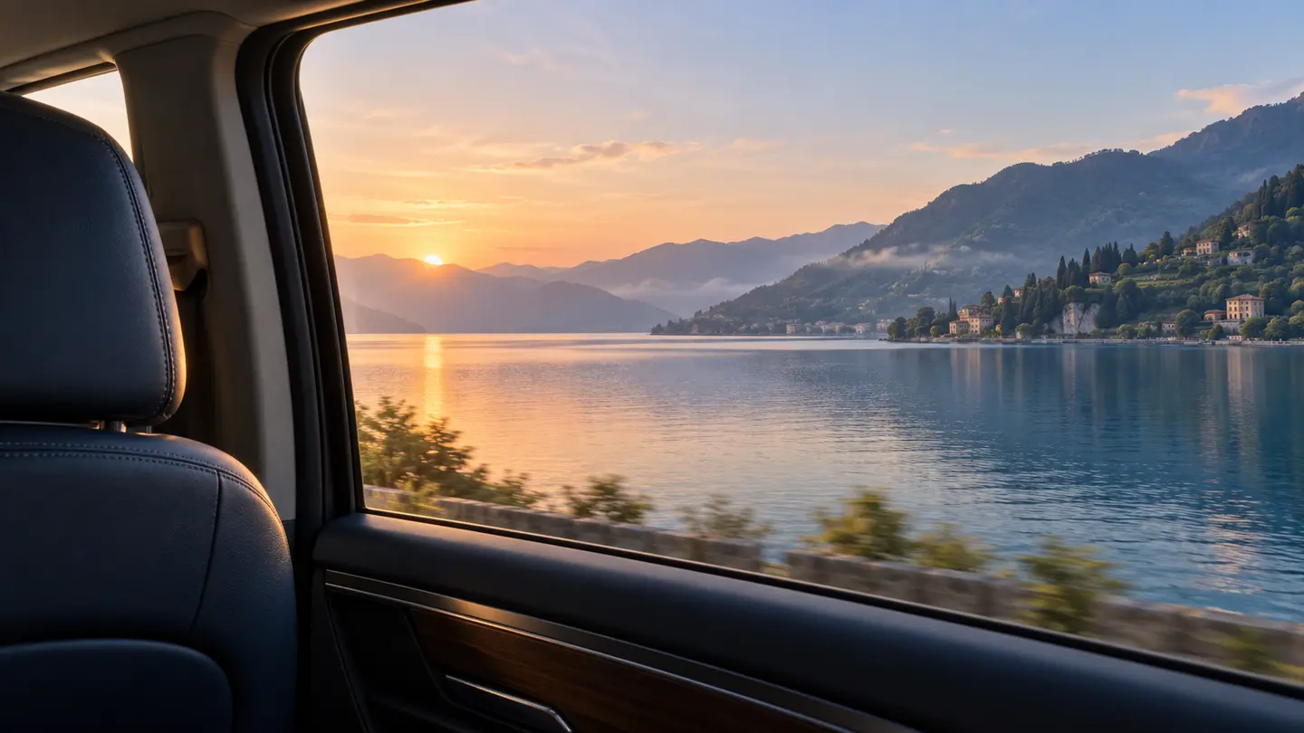 A calm lake at sunrise seen from the rear passenger seat, illustrative holiday transfer scene