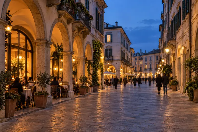 Historic street with arcades and warmly lit cafes at dusk, travel illustration