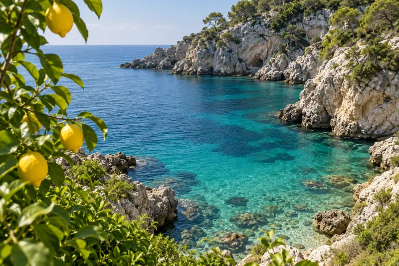 Rocky cove with turquoise water and lemons in the foreground, travel illustration