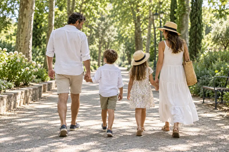 Two parents and two children walking through a park on holiday, travel illustration